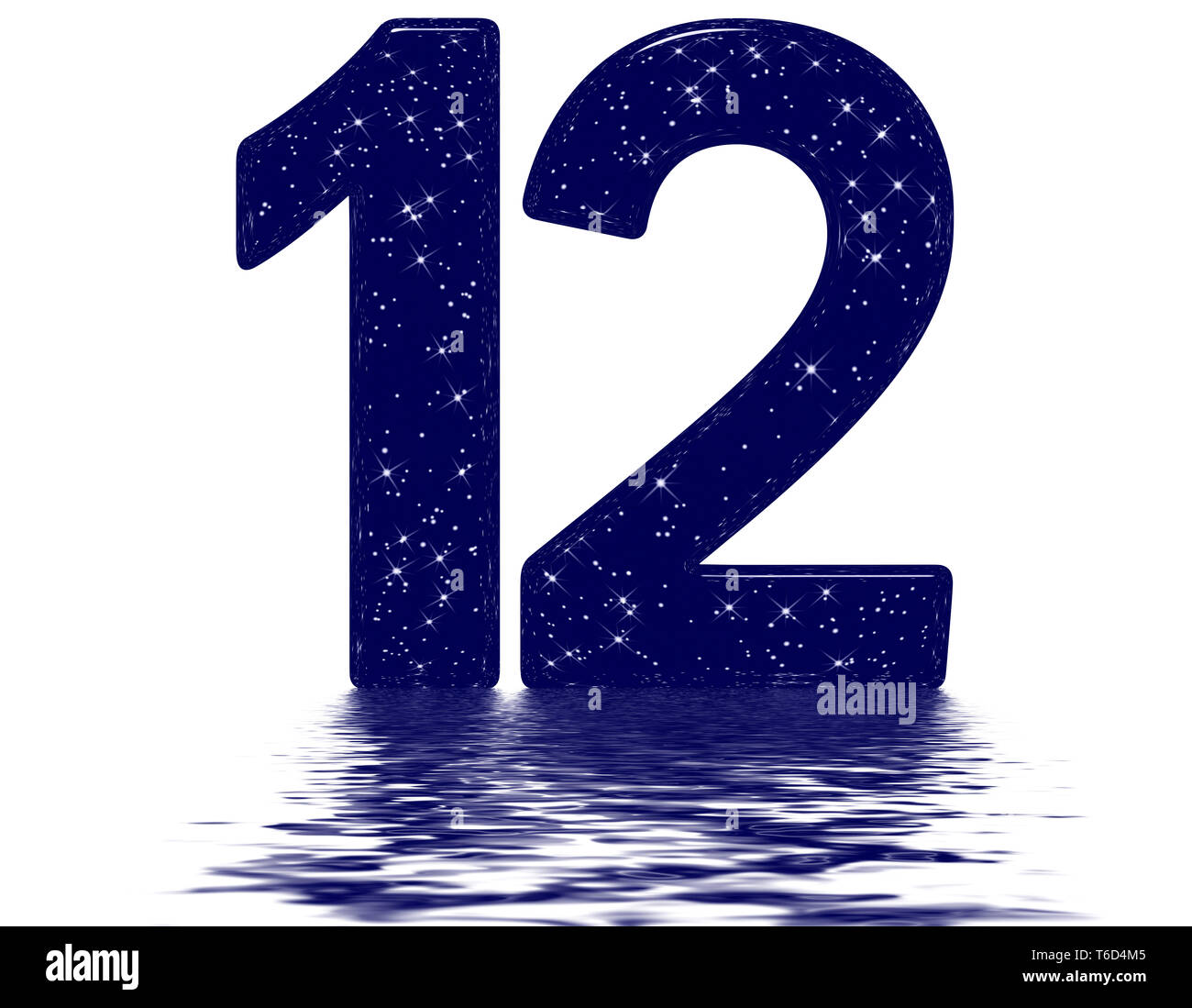 Ziffer 12, zwölf, Star Sky Textur Imitation, auf der Wasseroberfläche reflektiert, auf Weiß, 3D-Render isoliert Stockfoto