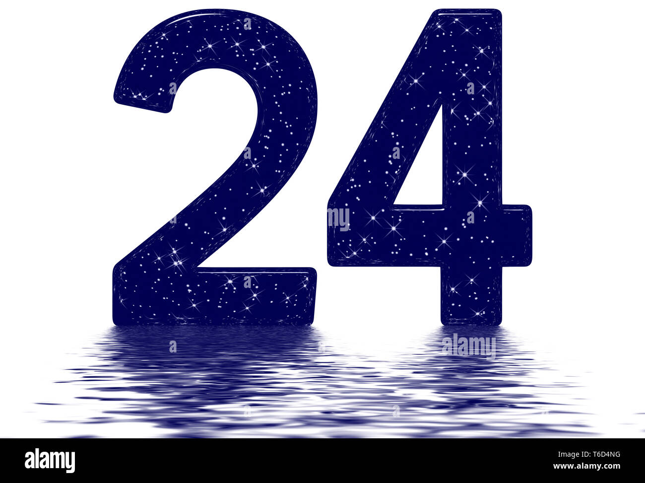 Ziffern 24, 24, Stern Himmel Textur Imitation, auf der Wasseroberfläche reflektiert, auf Weiß, 3D-Render isoliert Stockfoto