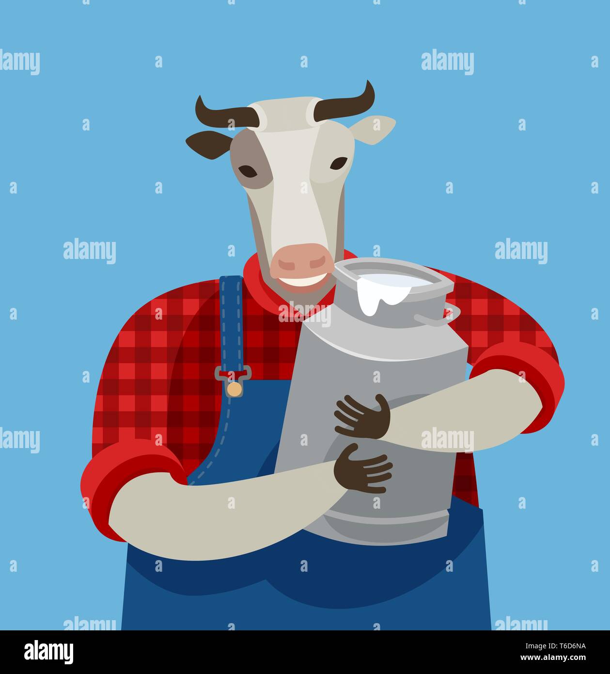 Lustige Kuh Holding a kann der frischen Milch. Molkerei, cartoon Vector Illustration Stock Vektor