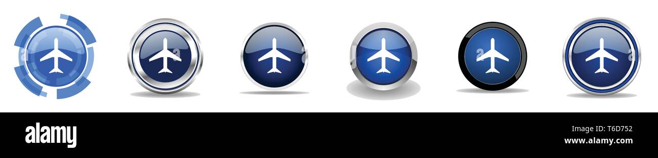 Silber Metallic chrom Grenze Flugzeug Vector Icons, der Flugzeug Web Buttons, runde blaue Flughafen der Beschilderung in der Eps 10. Stock Vektor