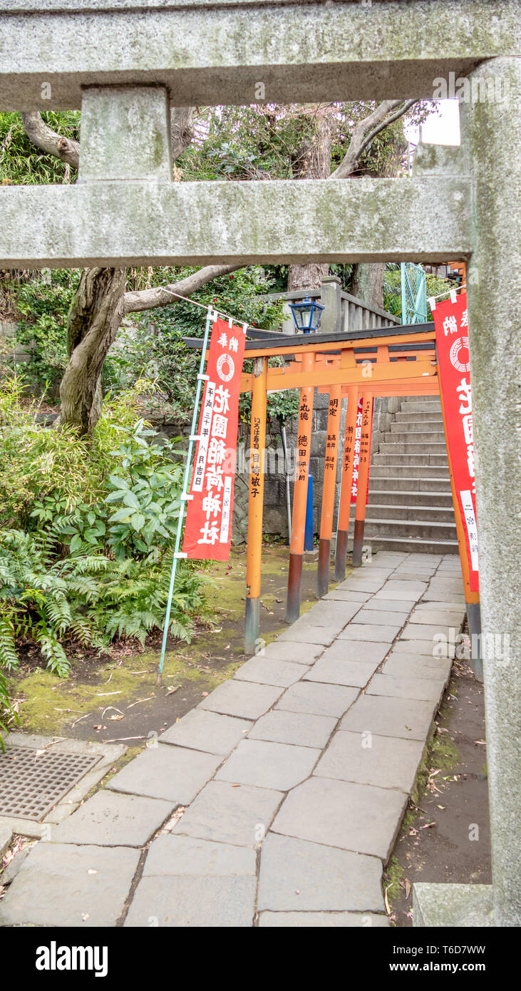 Tokio, Japan - Februar 8, 2019: Torii Tunnel führt zu Hanazono Inari und Gojoten jinja Jinja Schrein von Ueno Park. Stockfoto