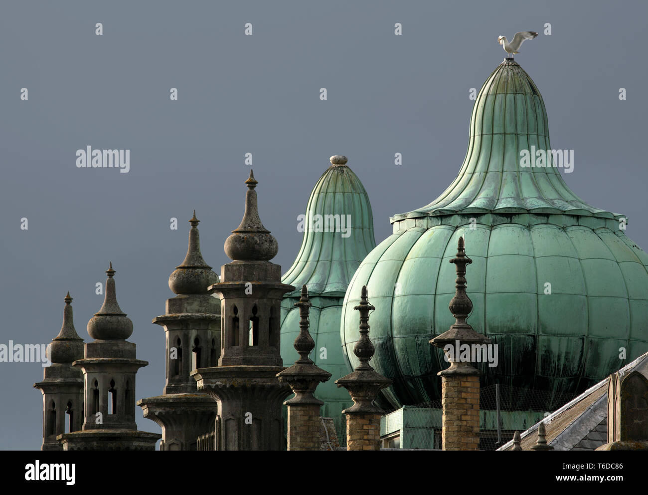 Minaretten und Kuppeln (und eine Möwe) oben auf dem Brighton Dome künste Veranstaltungsort (wie gesehen von Church Street, Brighton). Stockfoto