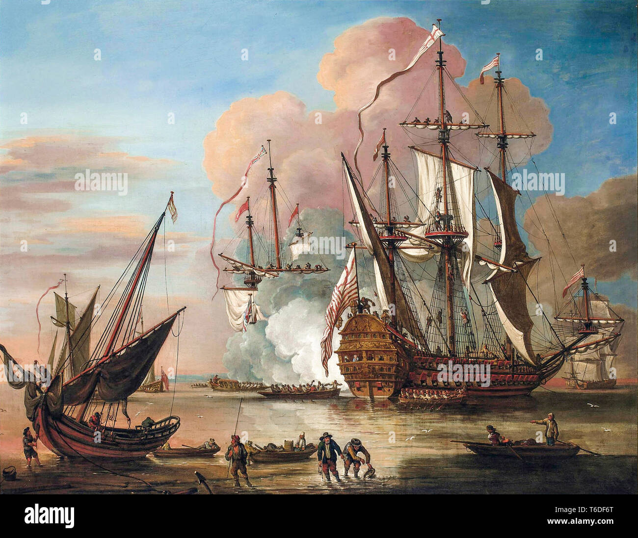 Eine achtbare East India Company Flaggschiff wieder in heimischen Gewässern im Triumph durch Johann Baptiste Bouttats, 1726 Stockfoto