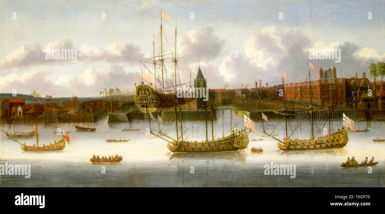 East India Company's Yard in Deptford, East India Company verschifft in Deptford, Malerei, English School, um 1683 Stockfoto