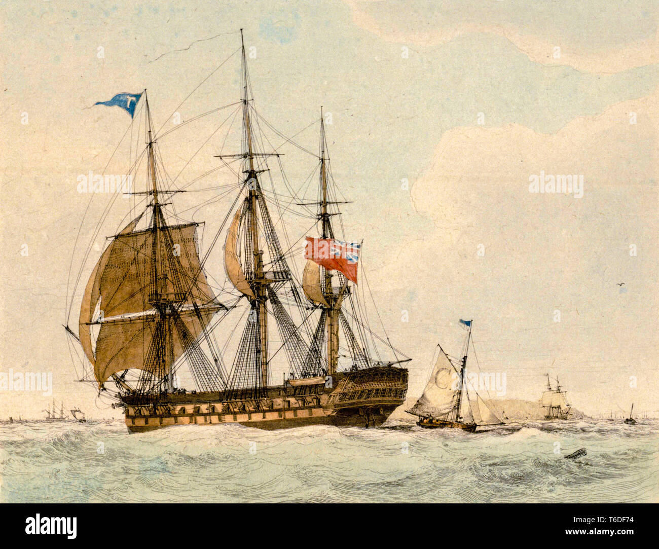 Die Themse Ostindienfahrer Schiff, handcolorierte Kupferstich von Edward William Cooke, 1819 Stockfoto