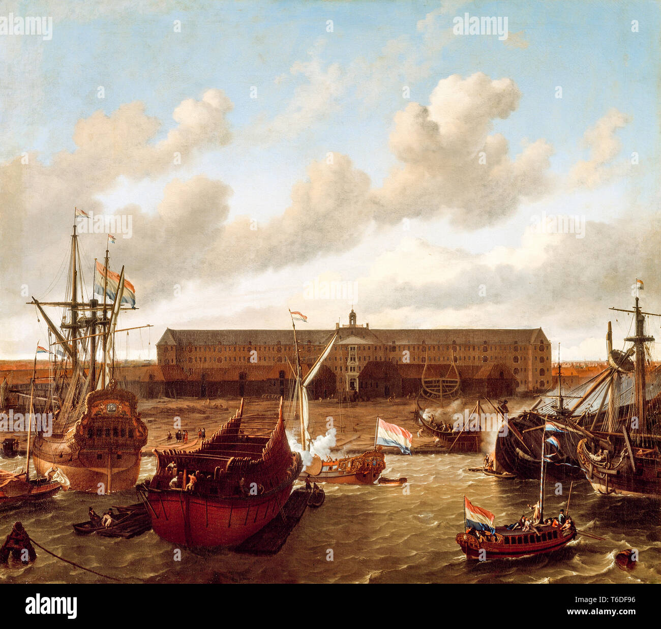 Das Dock der Niederländischen Ostindien-Kompanie (VOC) in Amsterdam, Niederlande von Ludolf Bakhuizen, 1696 Stockfoto