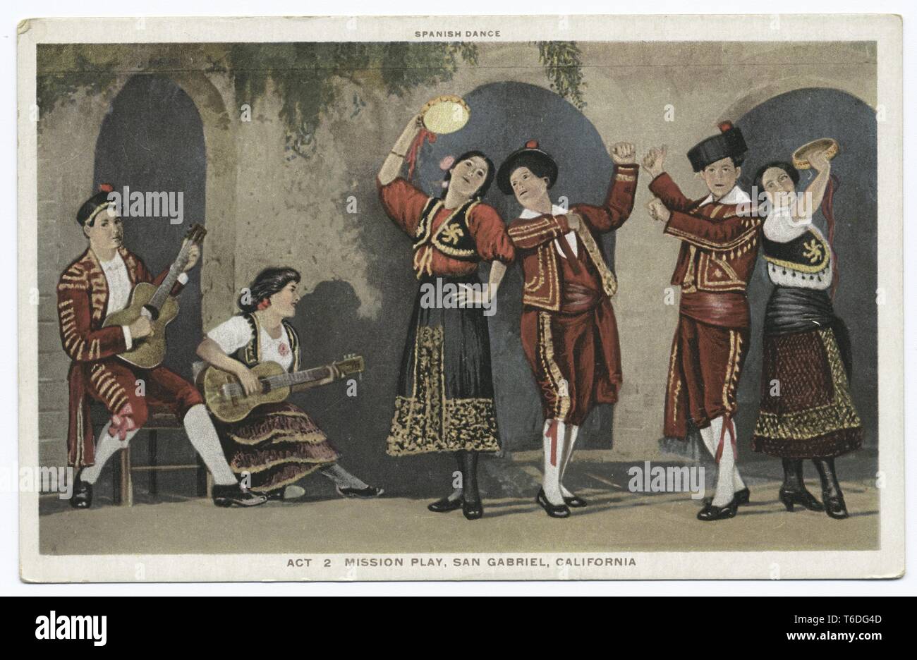 Postkarte mit der Darstellung der "spanischen Tanz"-Szene von Act 2 von einer Mission spielen in San Gabriel, Kalifornien, 1914. Von der New York Public Library. () Stockfoto