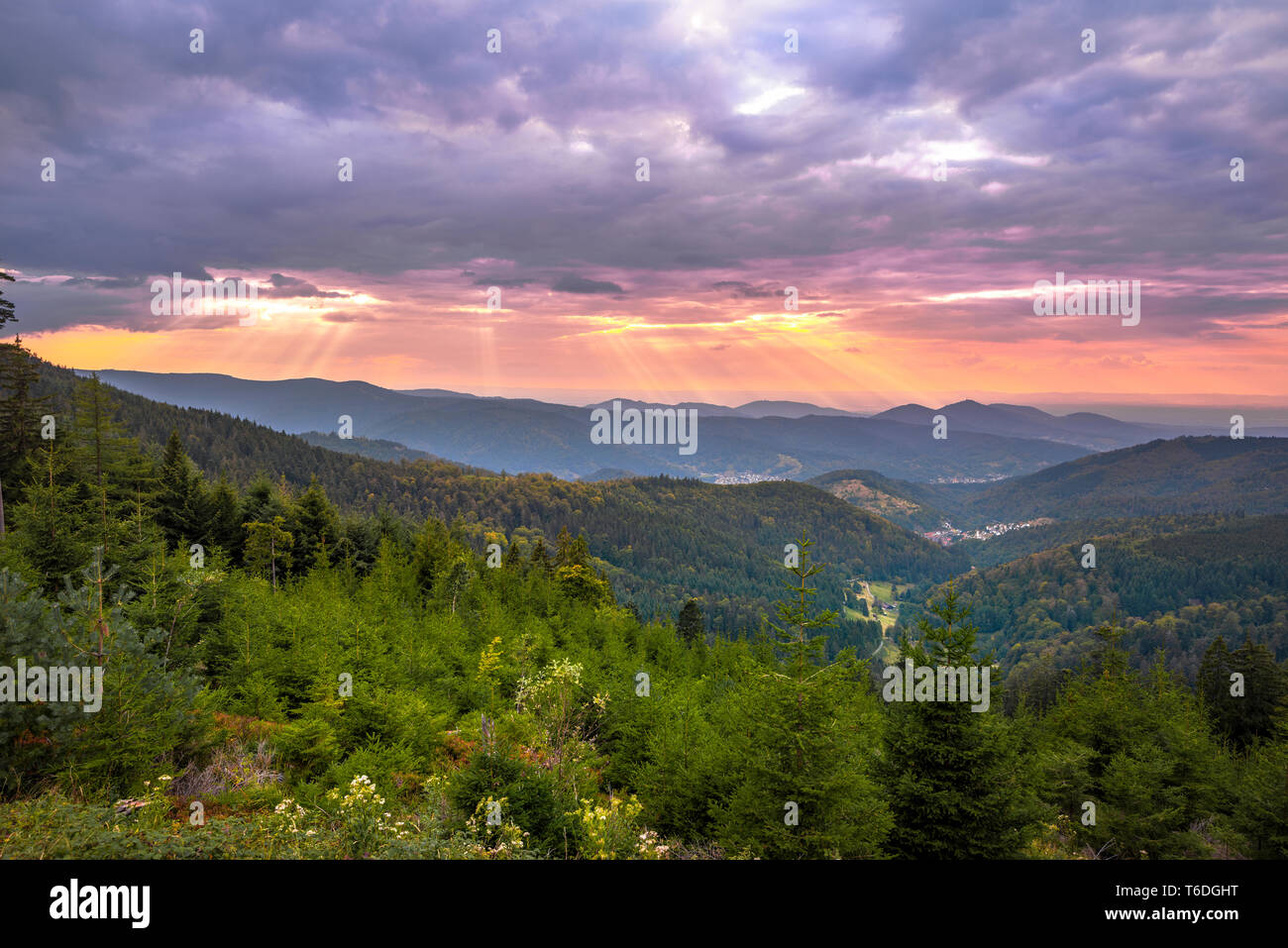 Panorama Ansicht von Kaltenbronn bei Sonnenuntergang, Blick auf das Murgtal und der Oberrheinischen Tiefebene, Nördlicher Schwarzwald, Deutschland Stockfoto