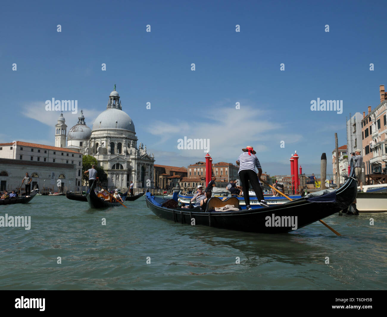 Gondoliere, Grand Canal, Venice. Basilica di Santa Maria della Salute im Hintergrund. Stockfoto