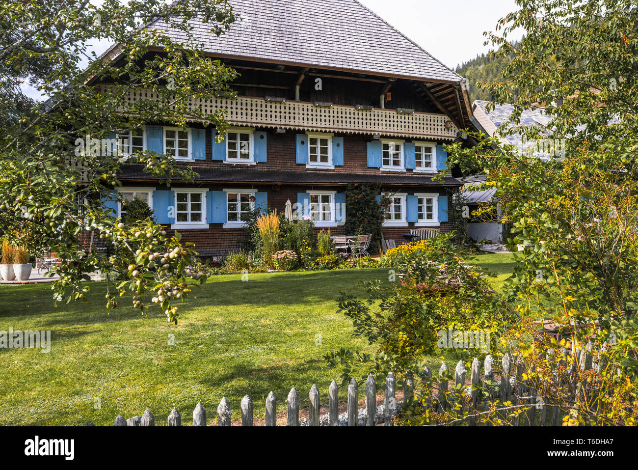 Schwarzwald Haus mit Walmdach, Holz- Fassade und Fensterläden, Dorf, Menzenschwand, Deutschland, Holz- Architektur des Hochschwarzwaldes Stockfoto