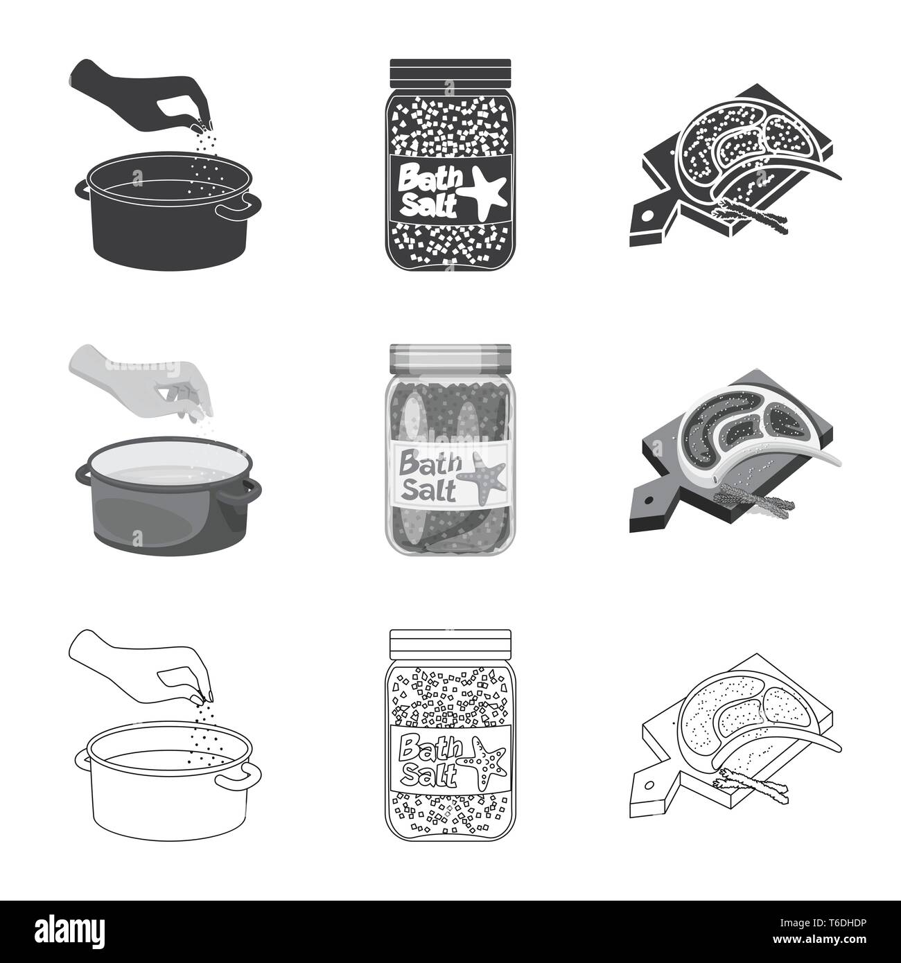 Kasserolle, Flasche, Fleisch, Wasser, salzig, Brett, Badewanne, arm, Spa, Restaurant, Gewürze, Vintage, Streuen, Pulver, weiß, Mehl, sauber, Container, Picknick, kochen, Meer, Natur, Backen, Salz, Nahrungsmittel-, Natrium-, Mineral, Raw, Küche, Set, Vector, Icon, Illustration, isoliert, Sammlung, Design, Element, Grafik, Zeichen, Vektor, Vektoren, Stock Vektor