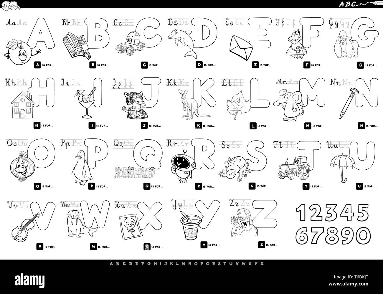 Schwarze und Weiße Cartoon Illustration von Großbuchstaben Alphabet Set mit lustigen Zeichen für das Lesen und Schreiben von Bildung für Kinder färben Boo Stock Vektor