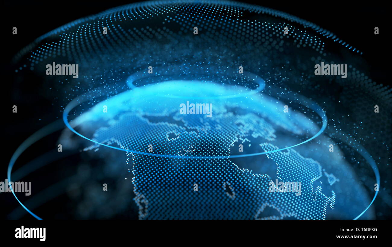 Bewegung der Erde Digital Globe transparente Oberfläche. Planet Rotation kleinere Objekt in Karte Welt Künftige wissenschaftliche Technologie. Geschäftskonzept Universum Erforschung Konzept 3D Animation Stockfoto