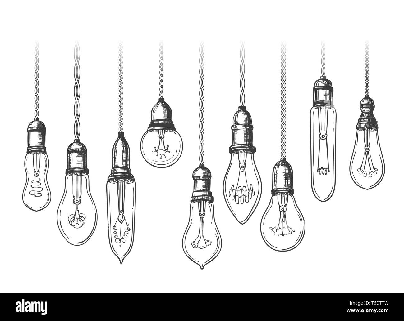 Vintage Glühbirnen. Schwarz und Weiß retro evolution Glühbirnen, retro Edison Lampen Skizze Vector Illustration Stock Vektor