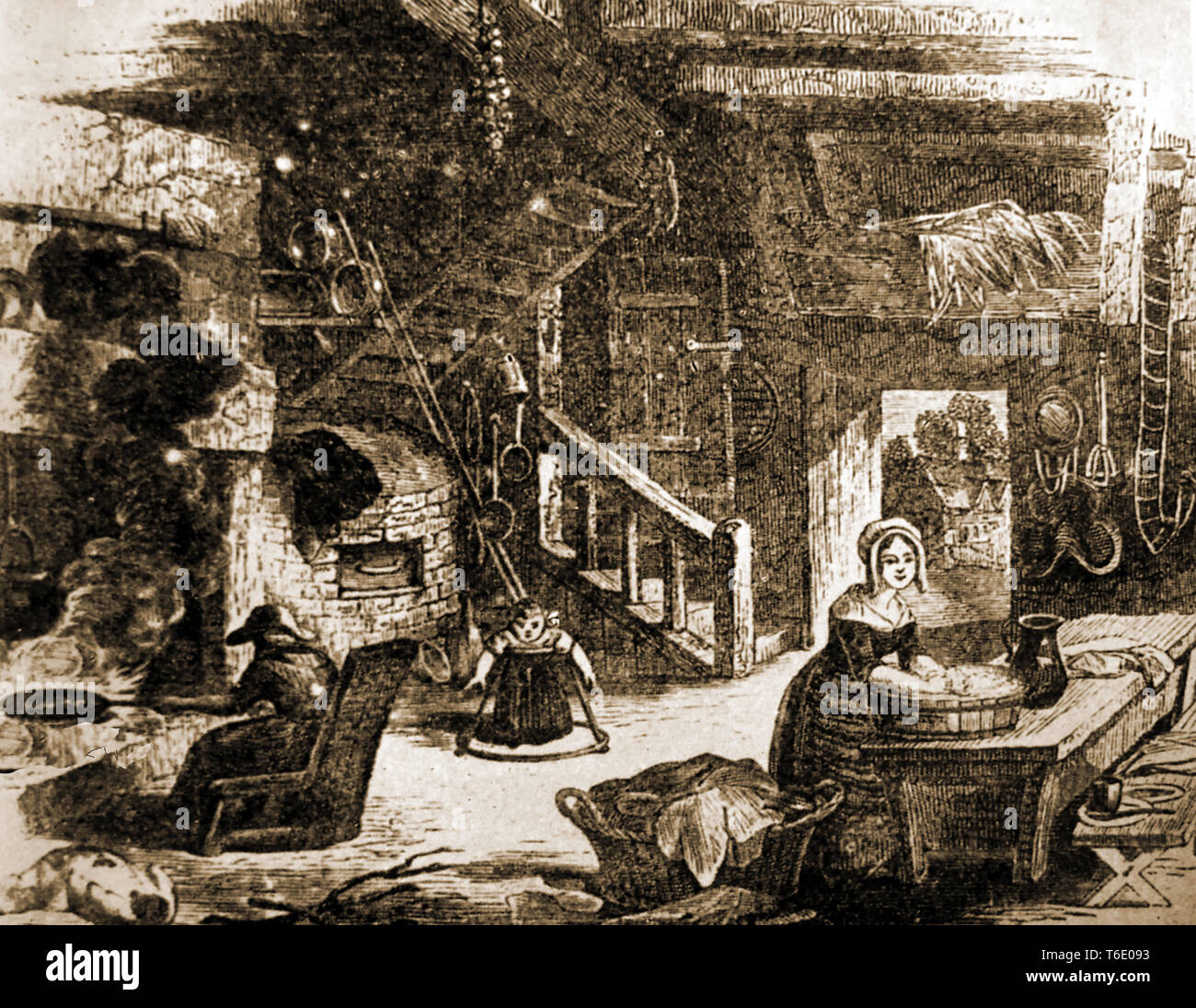 Ein Kupferstich aus dem 17. Jahrhundert Küche Szene (evtl. in einer Taverne oder Coaching Inn) zeigt eine alte Frau Kochen über dem offenen Feuer, ein Kind lernen in einer Lauflernhilfe zu gehen, eine Hausfrau Waschmaschine in einem hölzernen Whirlpool und einem Heuboden Stockfoto