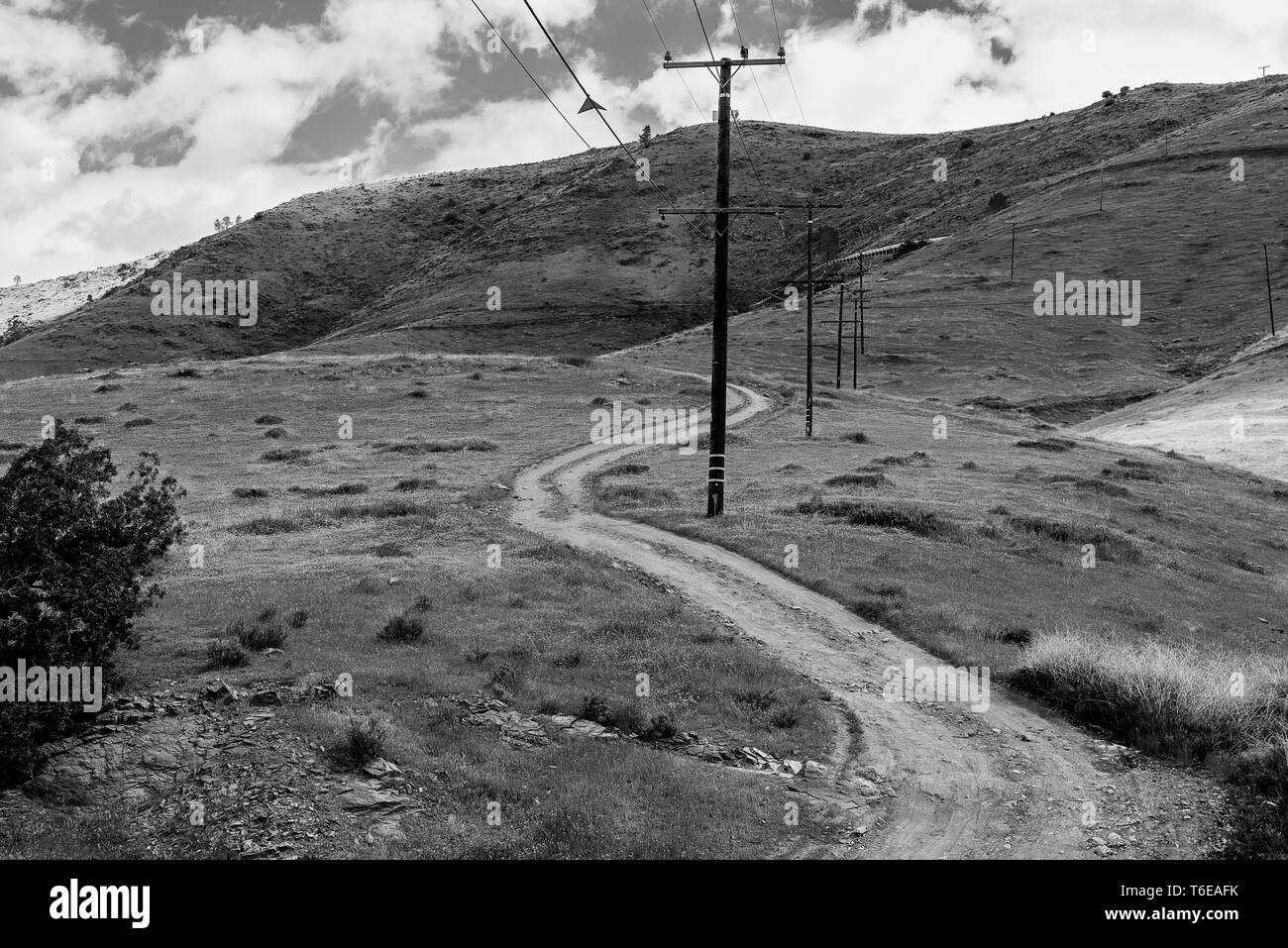 Schwarz und Weiß, Felder mit Schmutz der Straße und Telefonmasten in Richtung Hügel dahinter. Stockfoto
