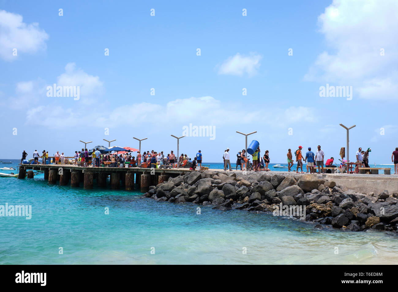 Blick auf den Pier, Santa Maria, Insel Sal, Kap Verde, Afrika Stockfoto