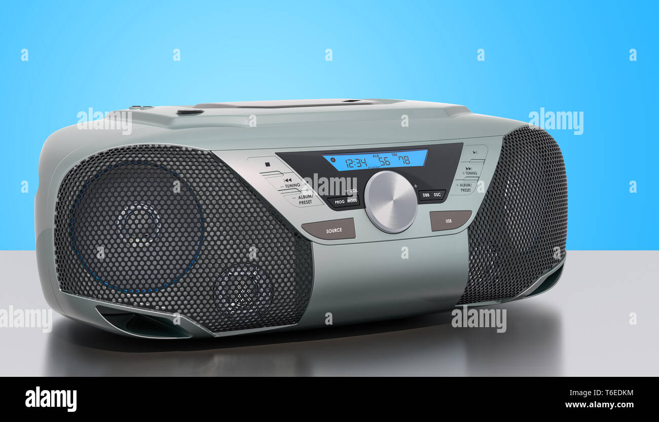 Moderne CD-Boombox mit AM/FM Stereo Radio auf dem Schreibtisch, 3D-Rendering Stockfoto