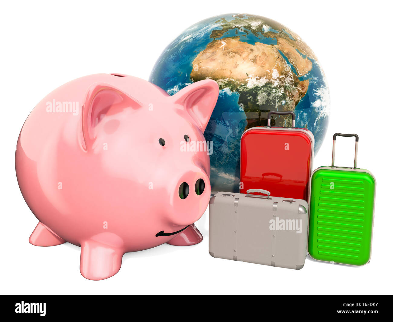Geld sparen für Reisen Konzept, 3D-Rendering auf weißem Hintergrund Stockfoto