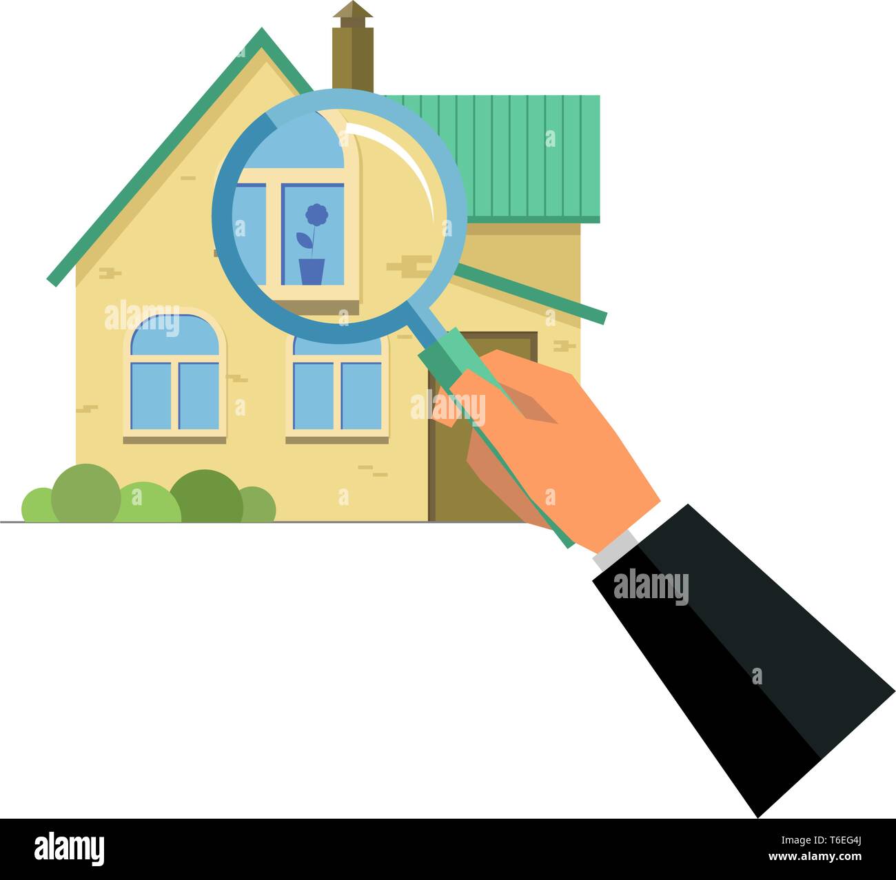Die menschliche Hand mit Lupe mit Haus, Home, Immobilie, Immobilien Konzept, das geprüft wird, flacher Stil isoliert Abbildung Stock Vektor