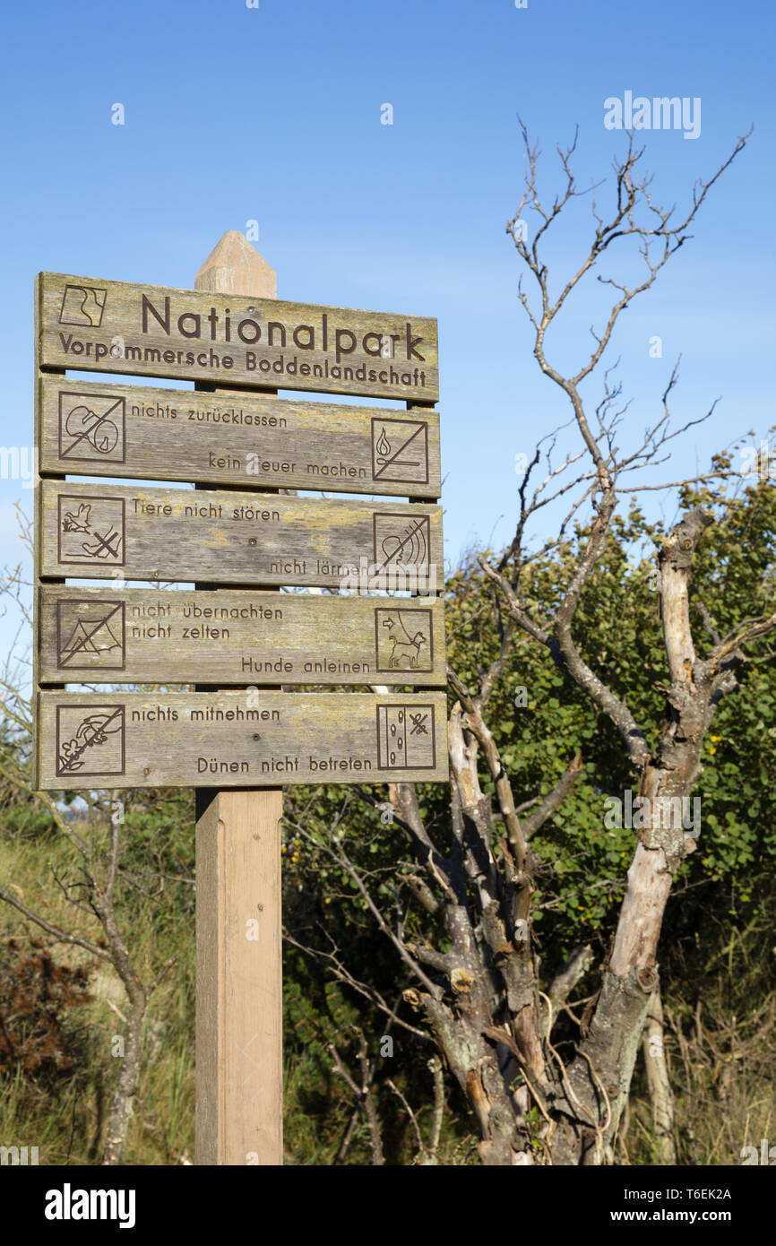 Zeichen der Nationalpark Vorpommersche Boddenlandschaft, West Beach, Darß Stockfoto