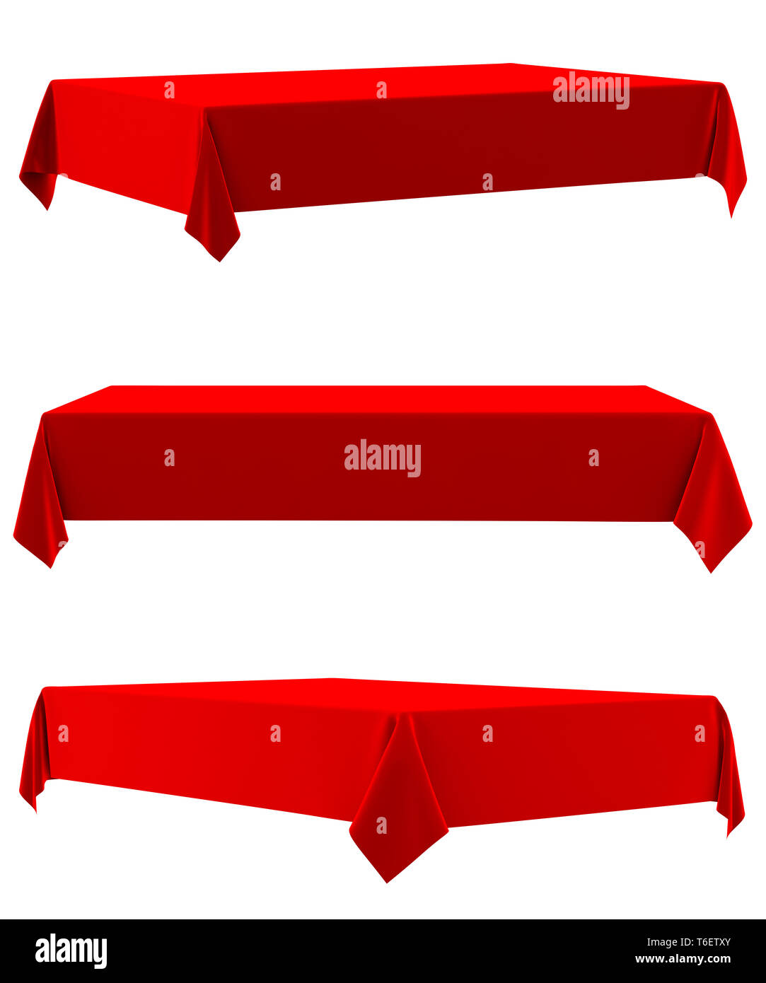 Leeren rechteckigen roten Samt Tischdecke auf weißem Hintergrund Stockfoto