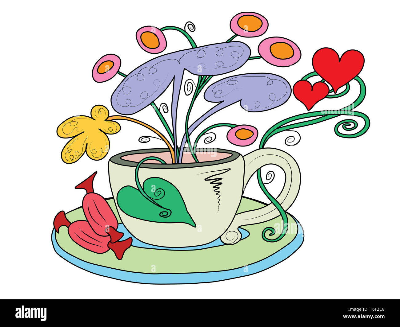 Eine Tasse Tee mit märchenhaften Blumen wachsen aus ihm heraus Stockfoto