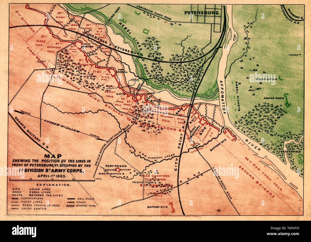 Karte mit der Lage der Linien in Petersburg, Virginia, von der 1. Division besetzt, 9. Armee Korps, 01. April 1865 Stockfoto