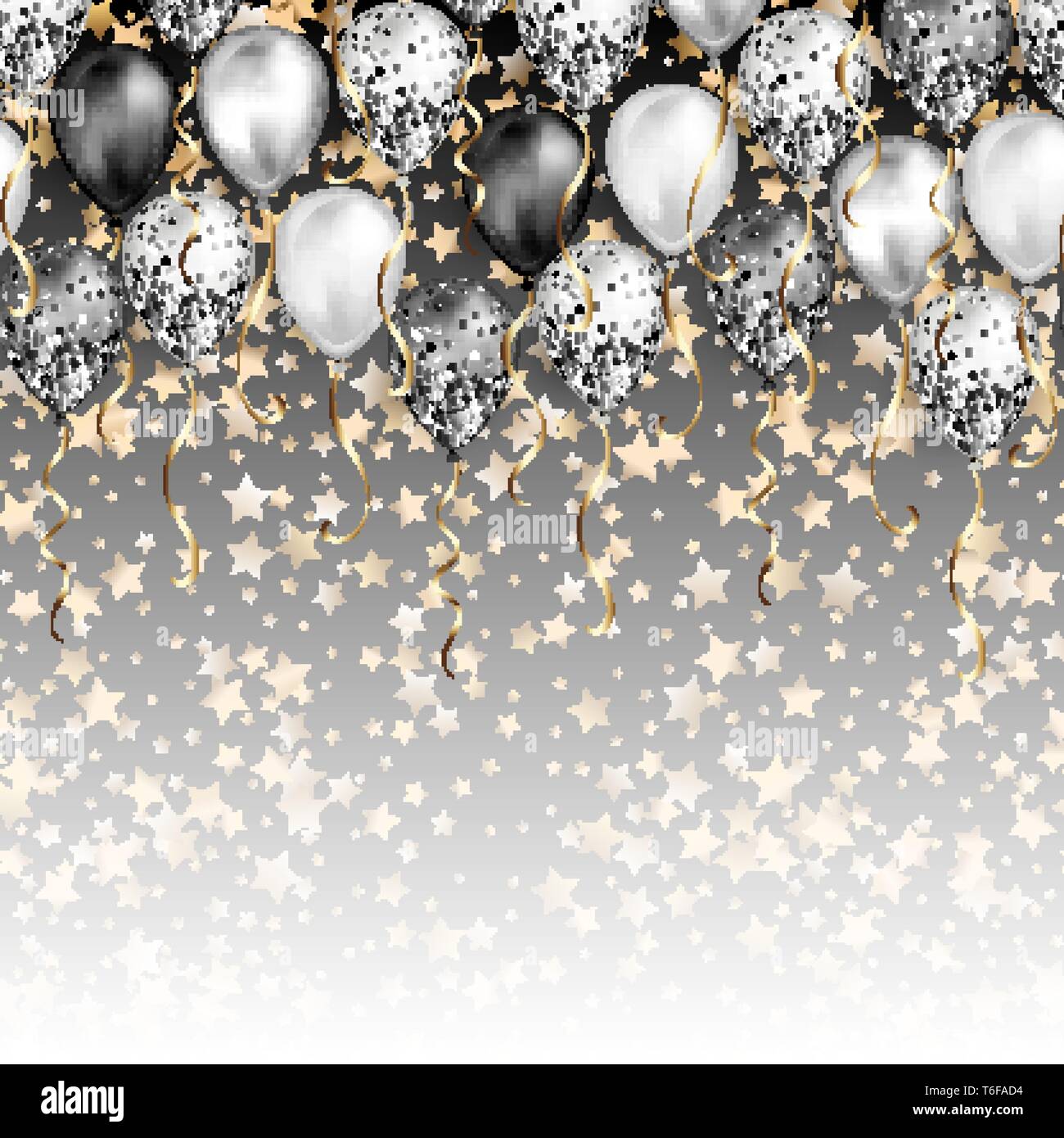 Hintergrund mit Sternen Konfetti und schwarzen und weißen Luftballons als obere Grenze. Glänzend glänzend realistische Ballon mit Glitter und Gold Ribbon, Vektor Dekoration Stock Vektor