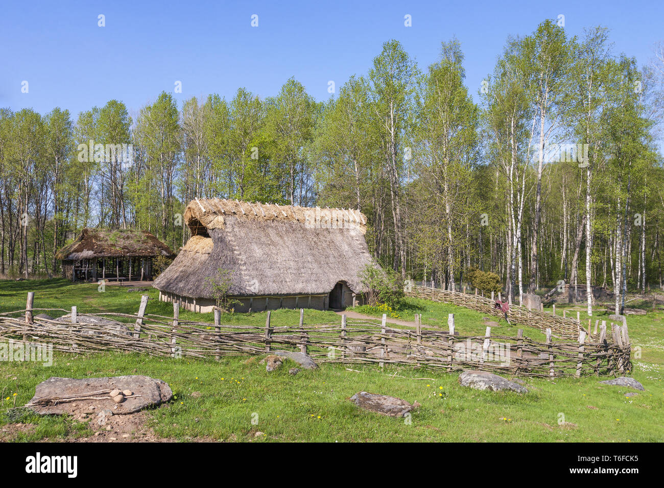 Bronzezeit Langhaus in einem Frühling Landschaft Stockfoto