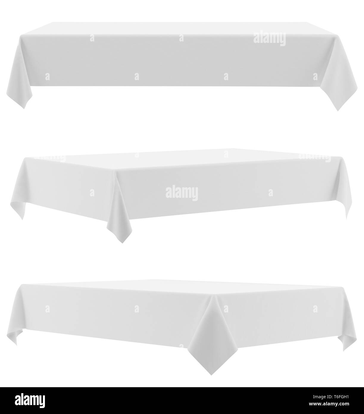 Leere rechteckige Tischdecke auf weißem Hintergrund Stockfoto