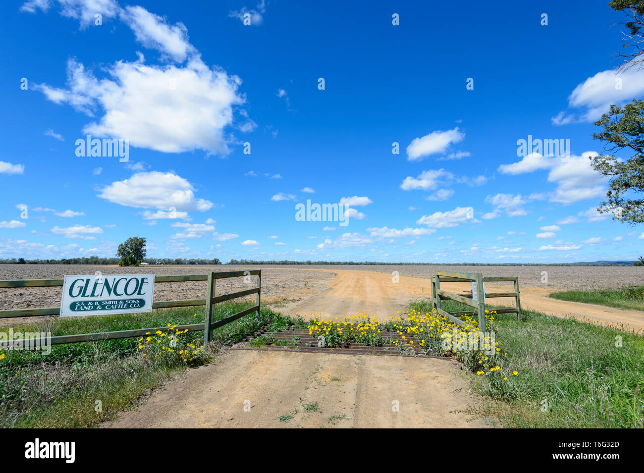 Eingang von Glencoe Station, eine pastorale Lease in der Nähe von Cunnamulla, South West Queensland, Queensland, Australien Stockfoto