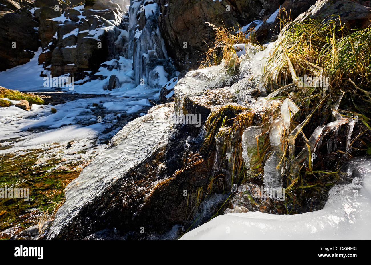 Eiszapfen an Timberline Wasserfall fällt. Stockfoto