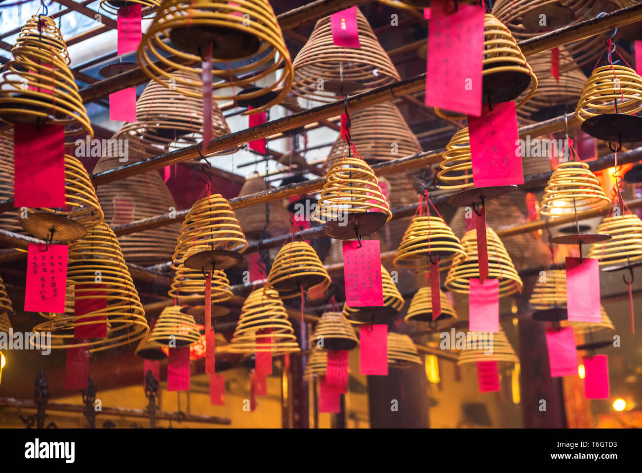 Innenraum der Man Mo Tempel in Hong Kong Stockfoto