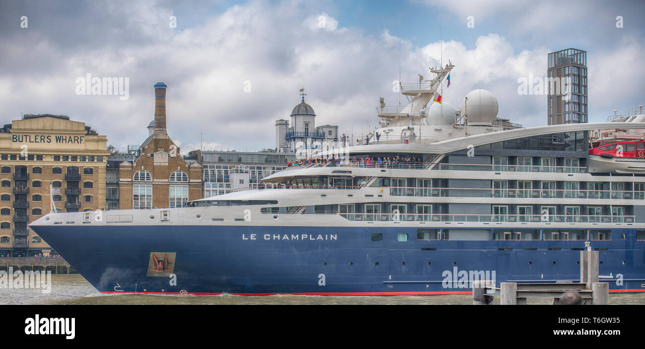 29. April 2019. Le Champlain Kreuzfahrt Schiff hinter im Butlers Wharf in London. Credit: Malcolm Park/Alamy. Stockfoto