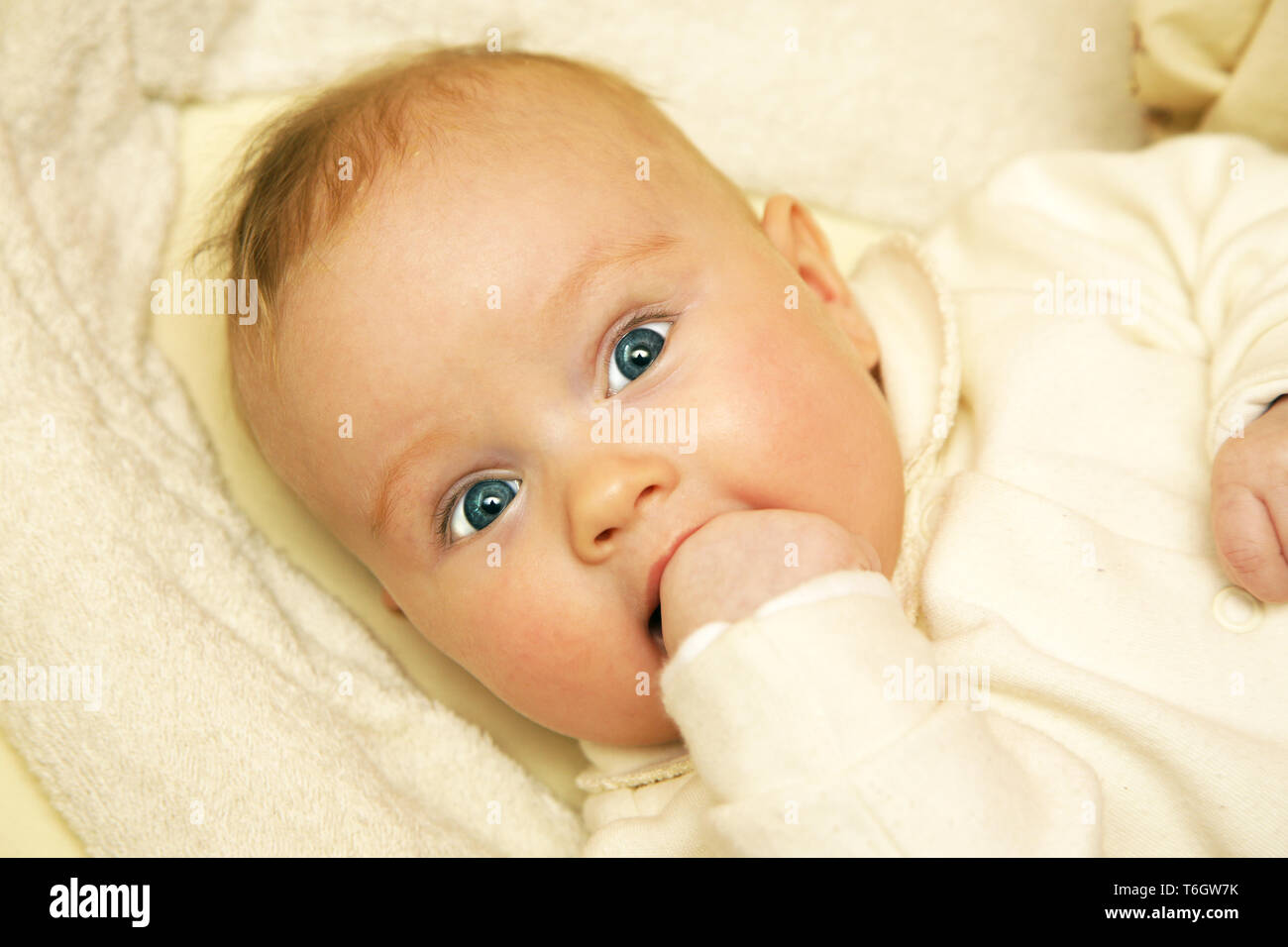 Neugeborene europäischen Baby Mädchen Jungen wundern, mit dem Finger im Mund 3 Monate alt Stockfoto