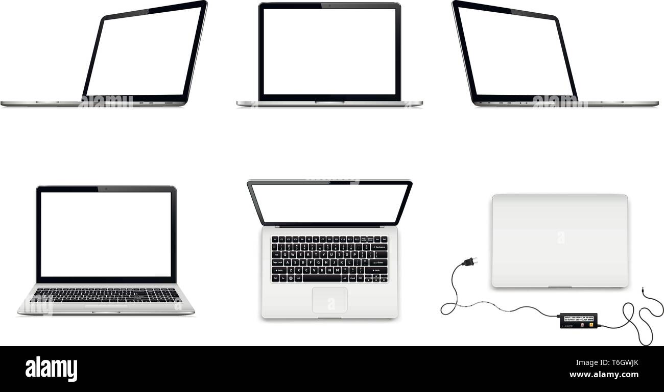 Eingestellt von Laptops in verschiedenen Positionen. Laptop mit leeren Bildschirm auf weißem Hintergrund. Vector Illustration. Stock Vektor