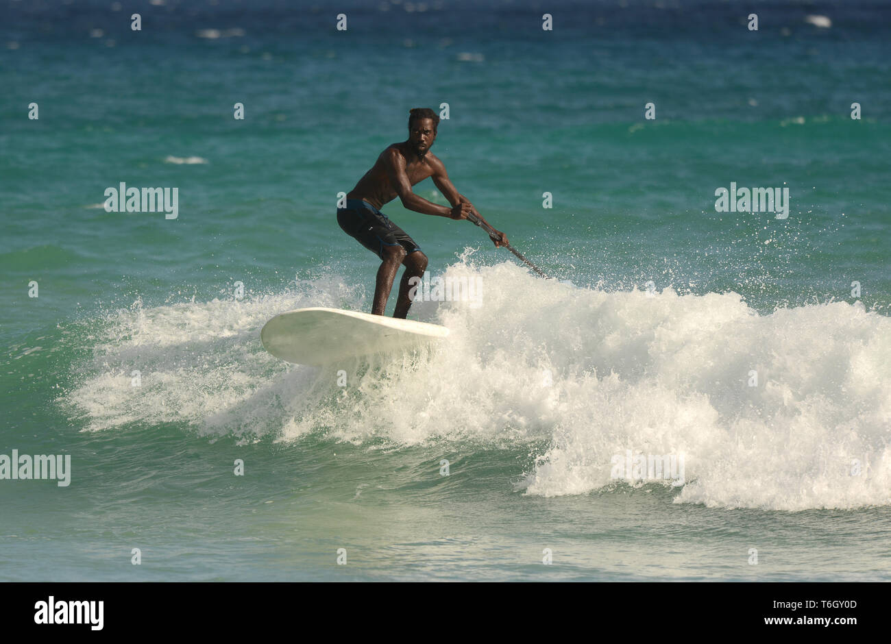 Paddel - Boarder weben ihren Weg durch die Brandung aus Dover Beach, Christchurch, Barbados. Stockfoto