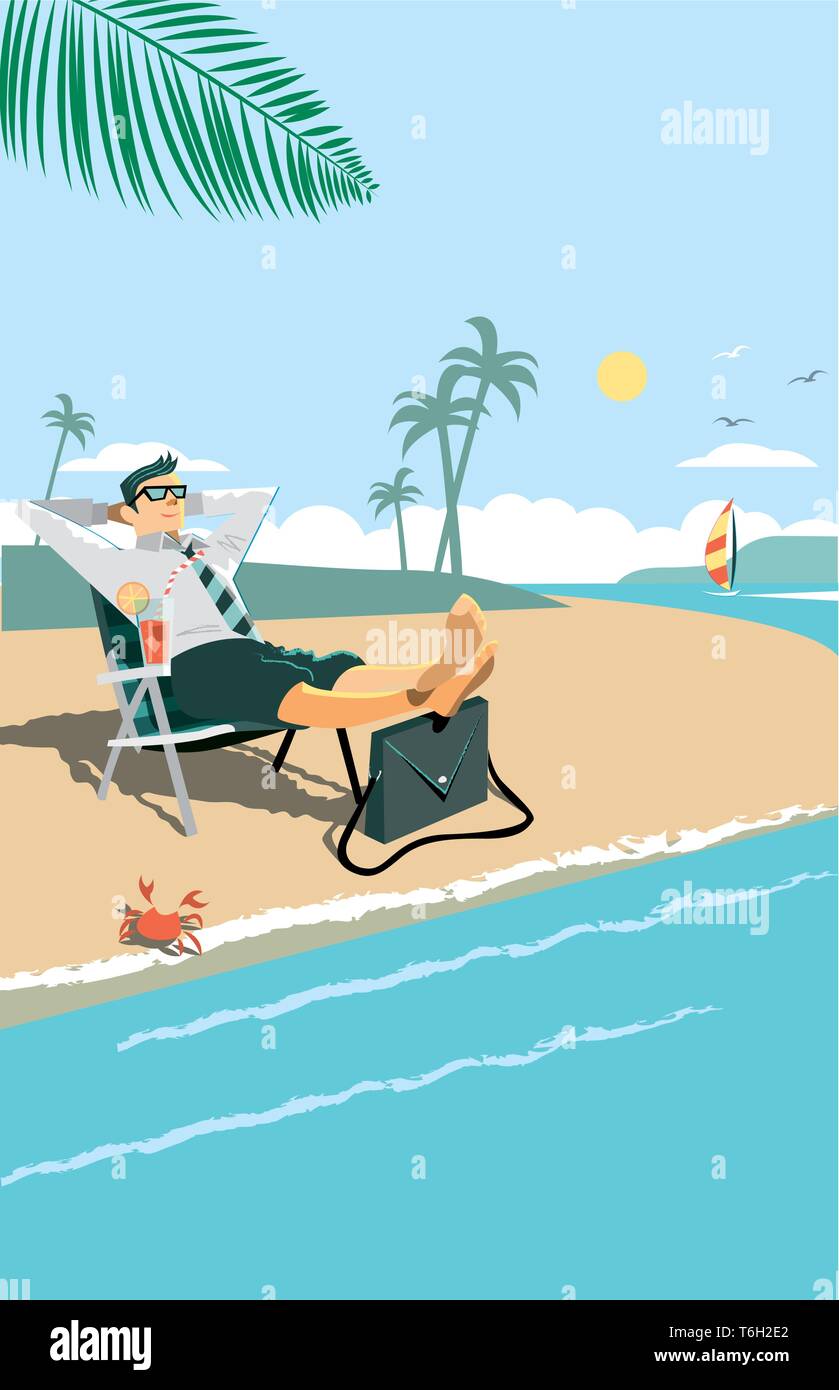 Der Mann aus dem Büro entgangen, er brauchte dringend Ruhe. Vektor Bild, einfache Änderung von Farben Stock Vektor