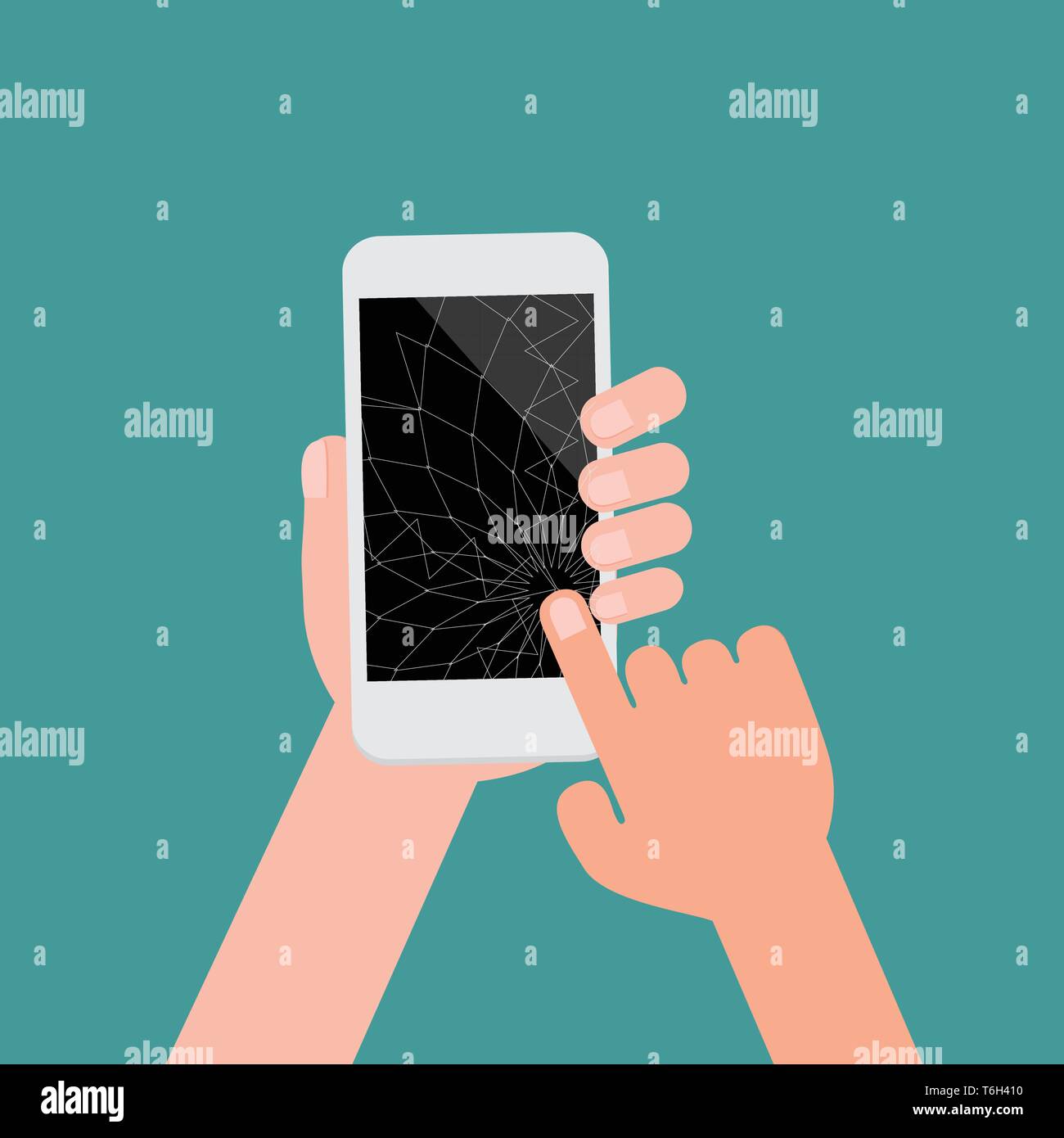 Gebrochene Smartphone mit schwarzen Bildschirm und isotad grünen Hintergrund. abgestürzt Zelle Telefon Flat Cartoon Stil. mit den Händen berühren Telefon riss Konzept Stock Vektor