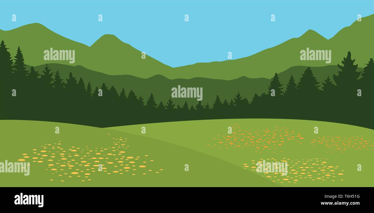 Sommer wiese landschaft mit Blumen und Bergblick Vektor-illustration EPS 10. Stock Vektor