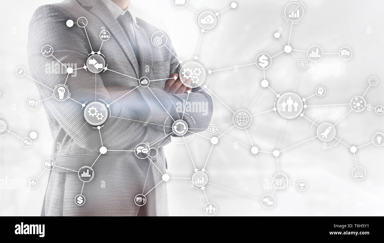 Business Process Workflow Diagramm Struktur Industrielle Automation innovation Konzept auf virtuellen Bildschirm mixed Media. Stockfoto