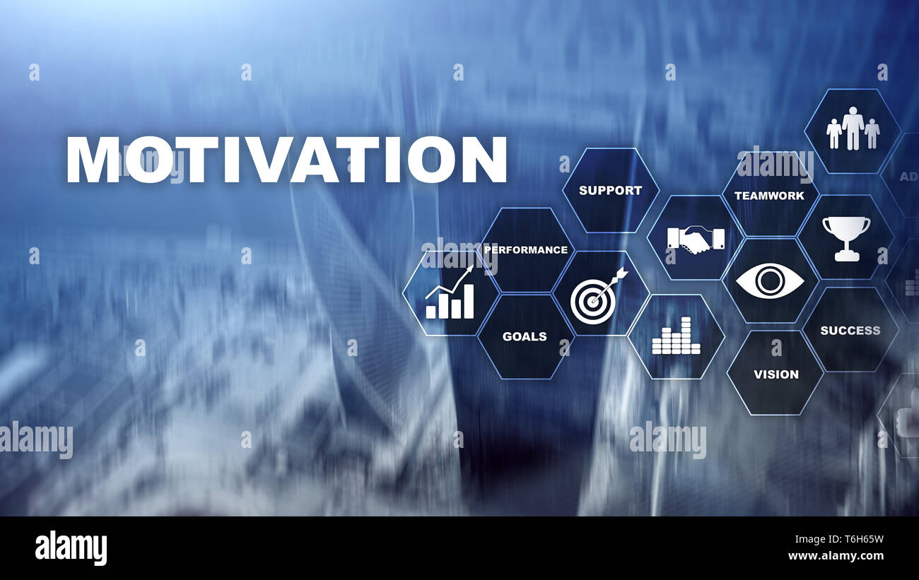 Motivation Konzept mit den Elementen. Business Team. Finanzkonzept auf verschwommenen Hintergrund. Mixed Media Stockfoto