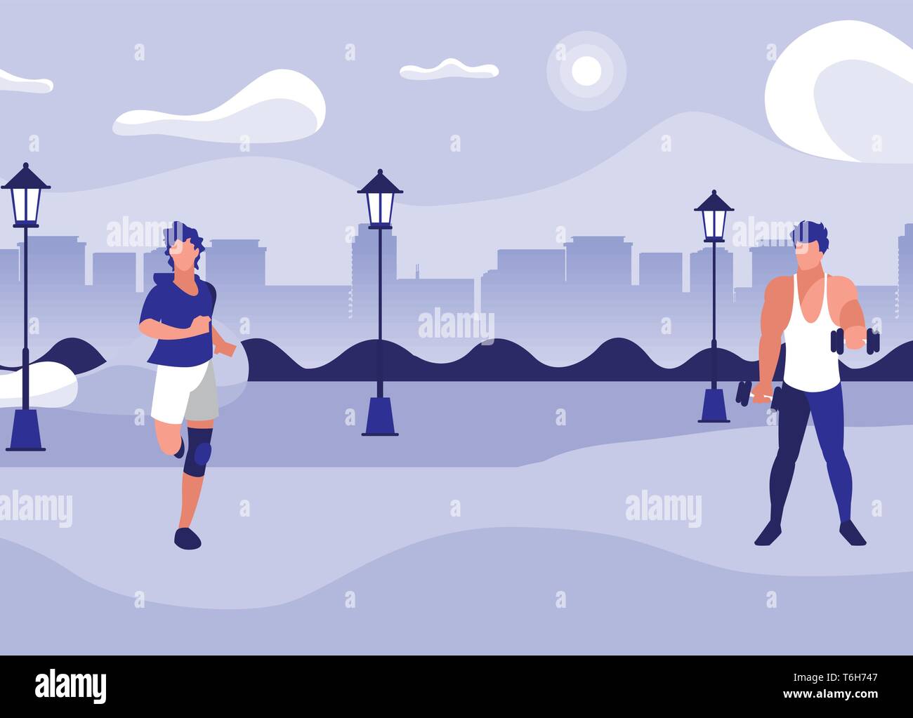 Athletische Männer, Gewichtheben und Laufen im Park Vector Illustration Design Stock Vektor