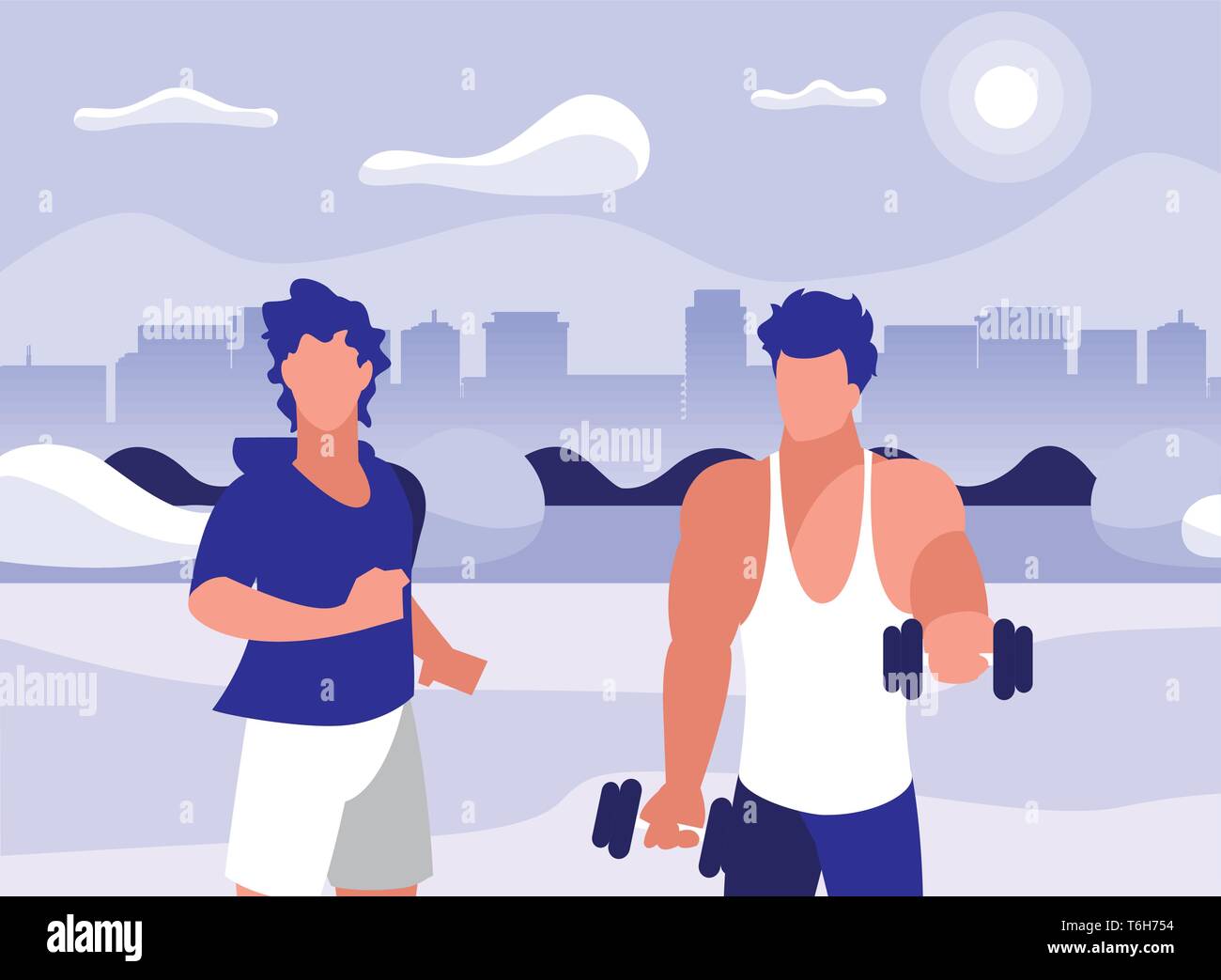 Athletische Männer, Gewichtheben und Laufen im Park Vector Illustration Design Stock Vektor