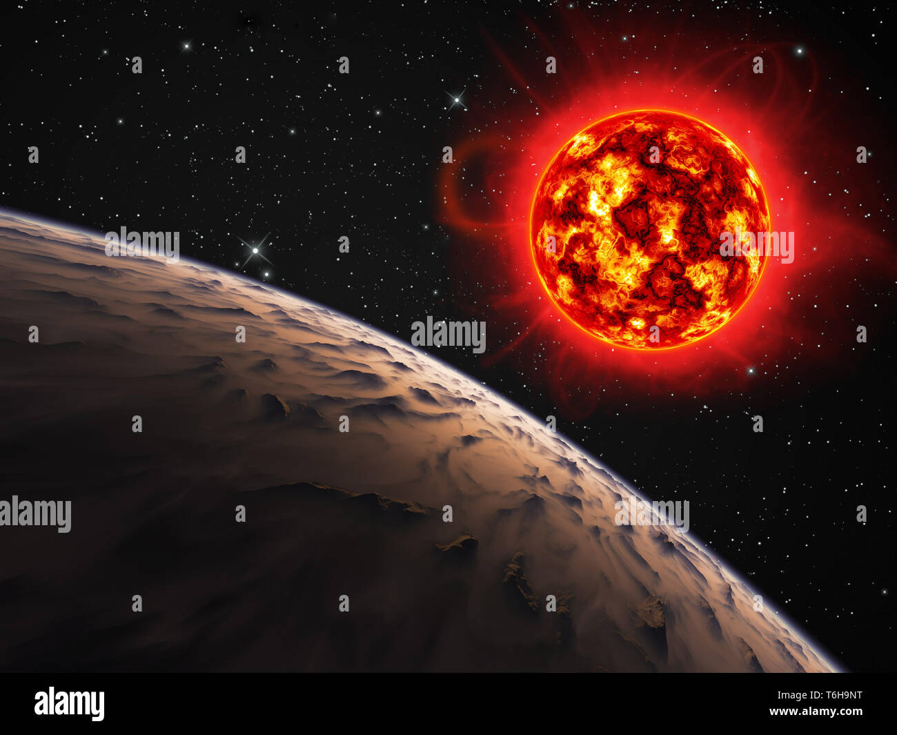 Planeten mit einem Roten Riesen Sonne. Stockfoto
