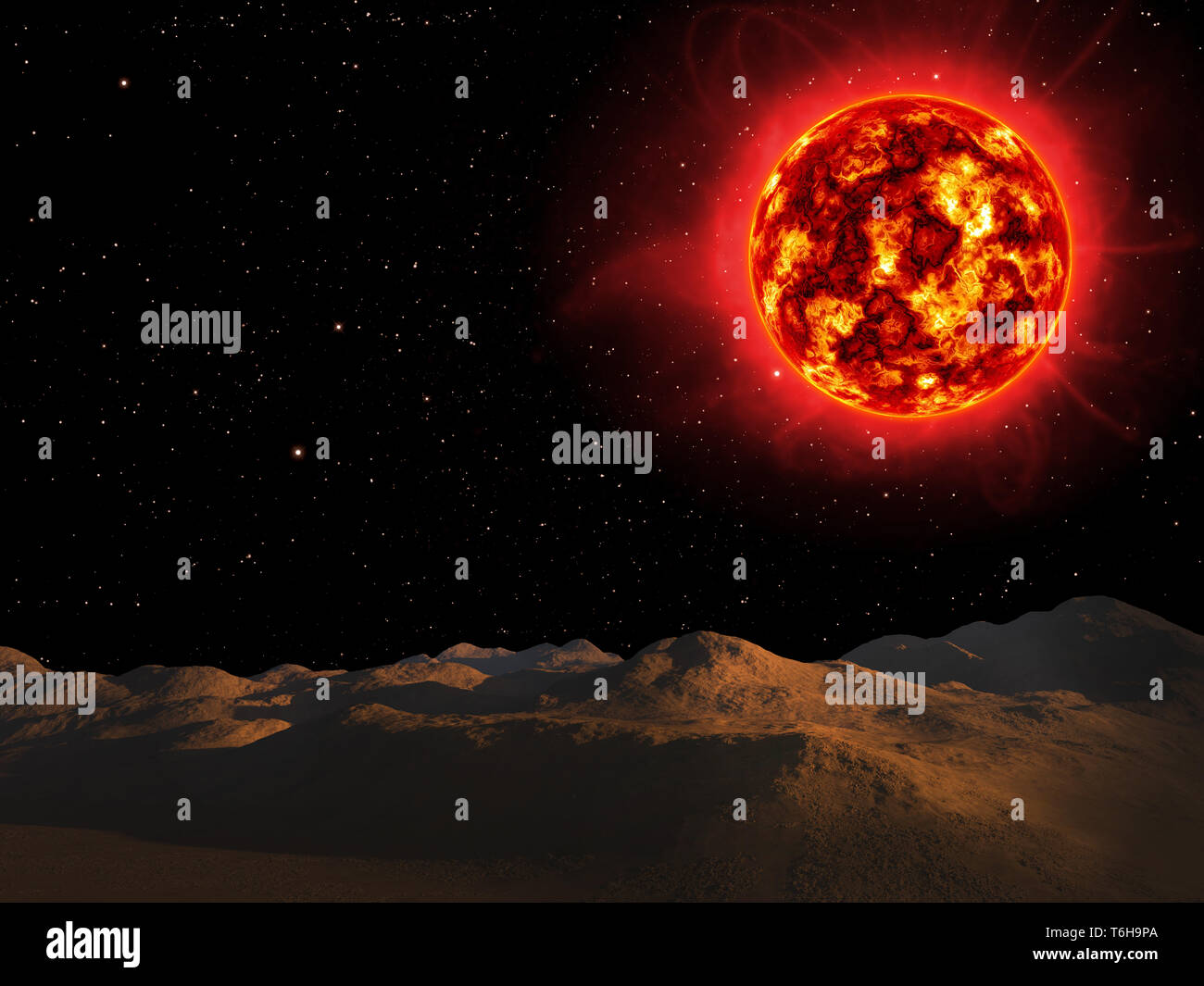 Die Oberfläche des Planeten mit hellen Stern. Stockfoto