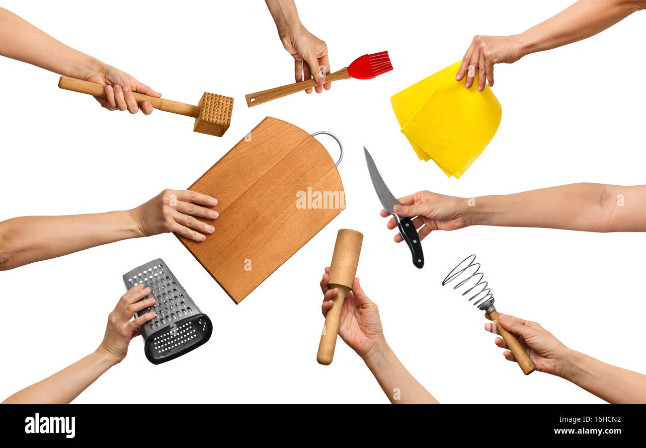 Satz von Tools für die Küche arbeitet, auf weißem Hintergrund Stockfoto