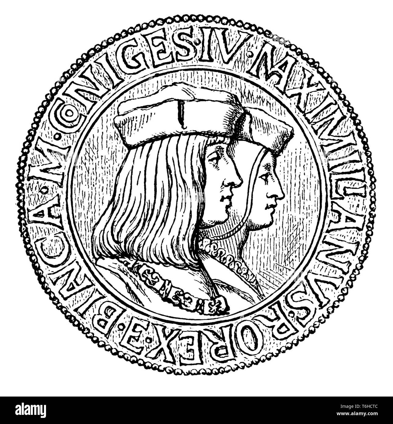 Medaille auf die Ehe von Maximilian I. mit Bianca Sforza. Inschrift: "aximilianusRo (manorum) Rex e(t) Bianca M (Aria) Coni (u) ges i.e. (ncti)"., 1899 Stockfoto