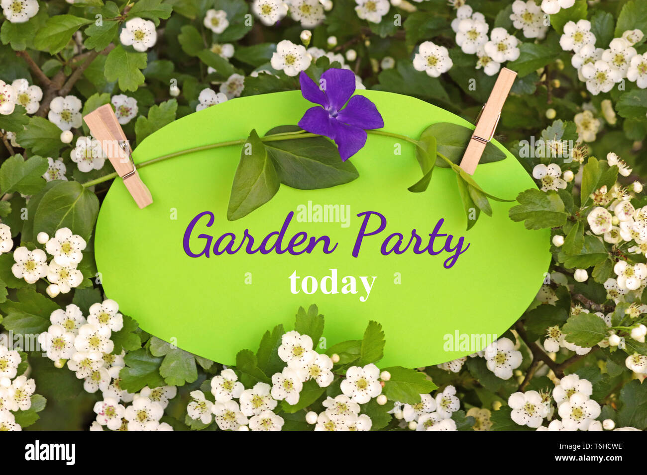 Garden Party heute, Schild mit englischem Text zwischen weißen Weißdorn Blüten Stockfoto